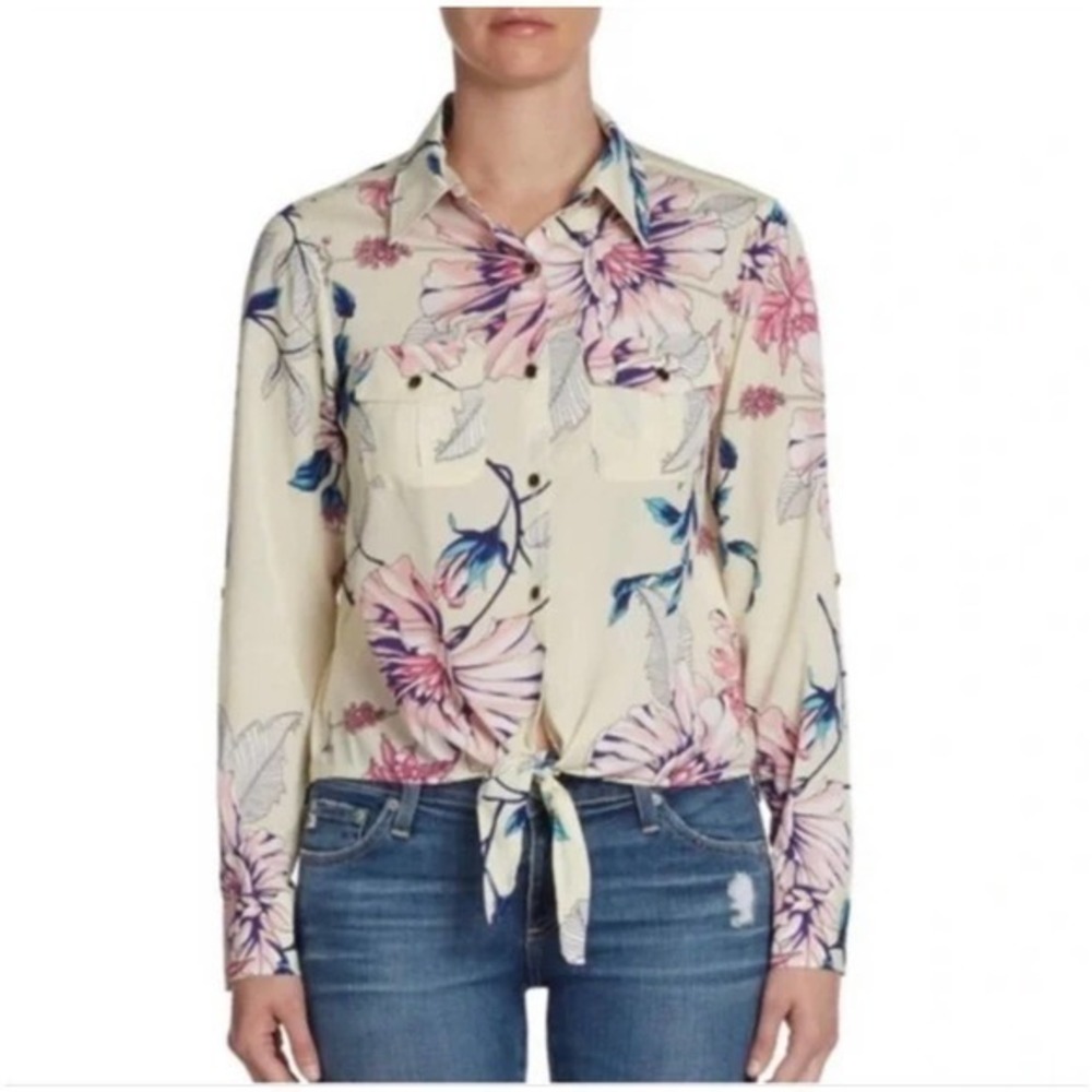 Yumi Kim Mya Floral Front flower Tie Button Cream Blouse slightly cropped sz XS